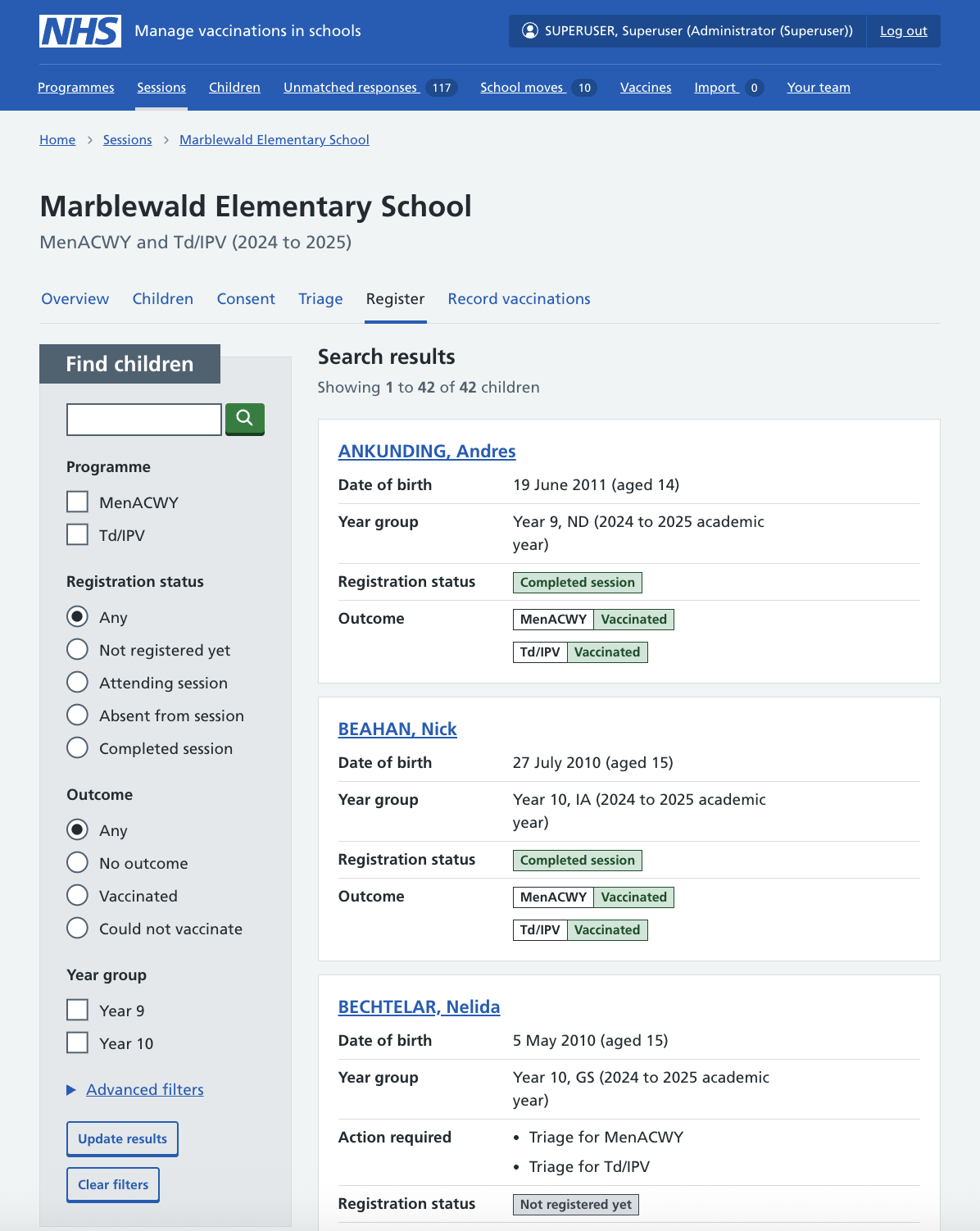 Screenshot of a register attendance page.