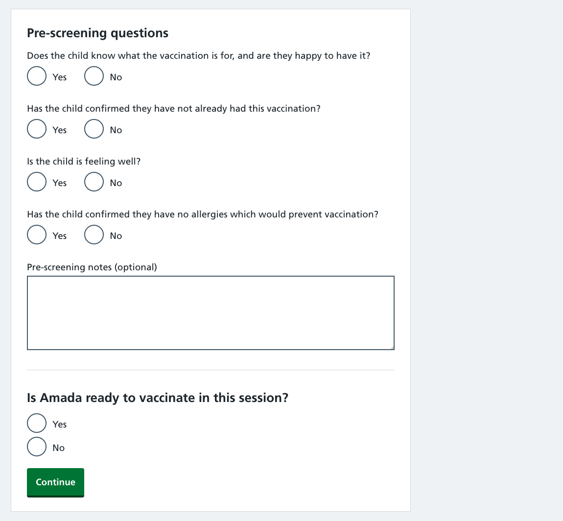 Screenshot of pre-screening questions on a patient record.