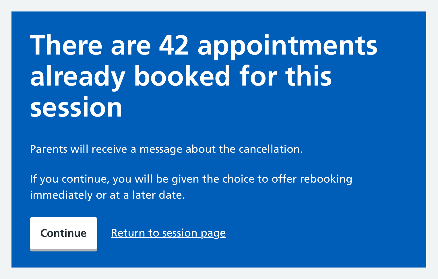 Screenshot of appointment warning.