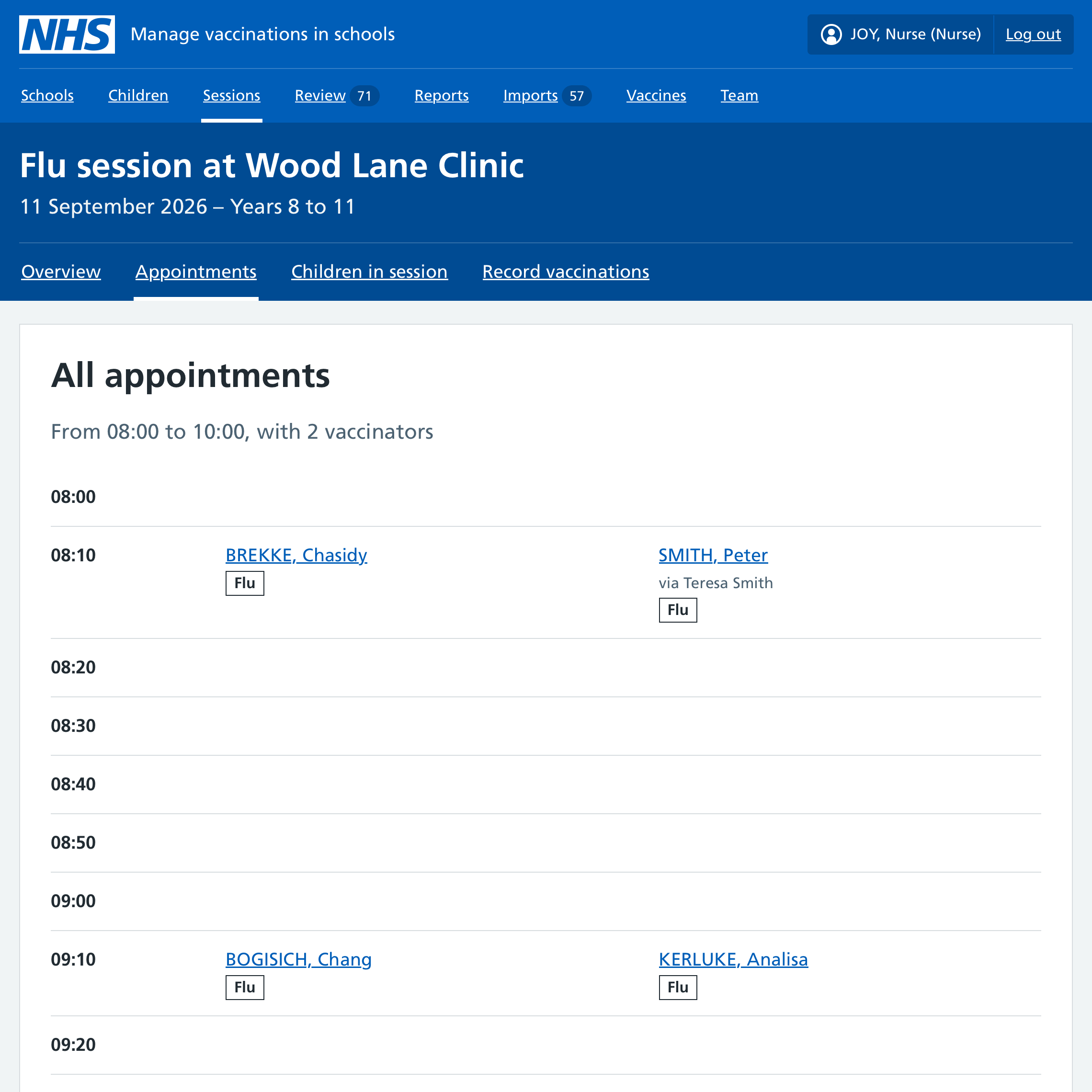Screenshot of appointments list.