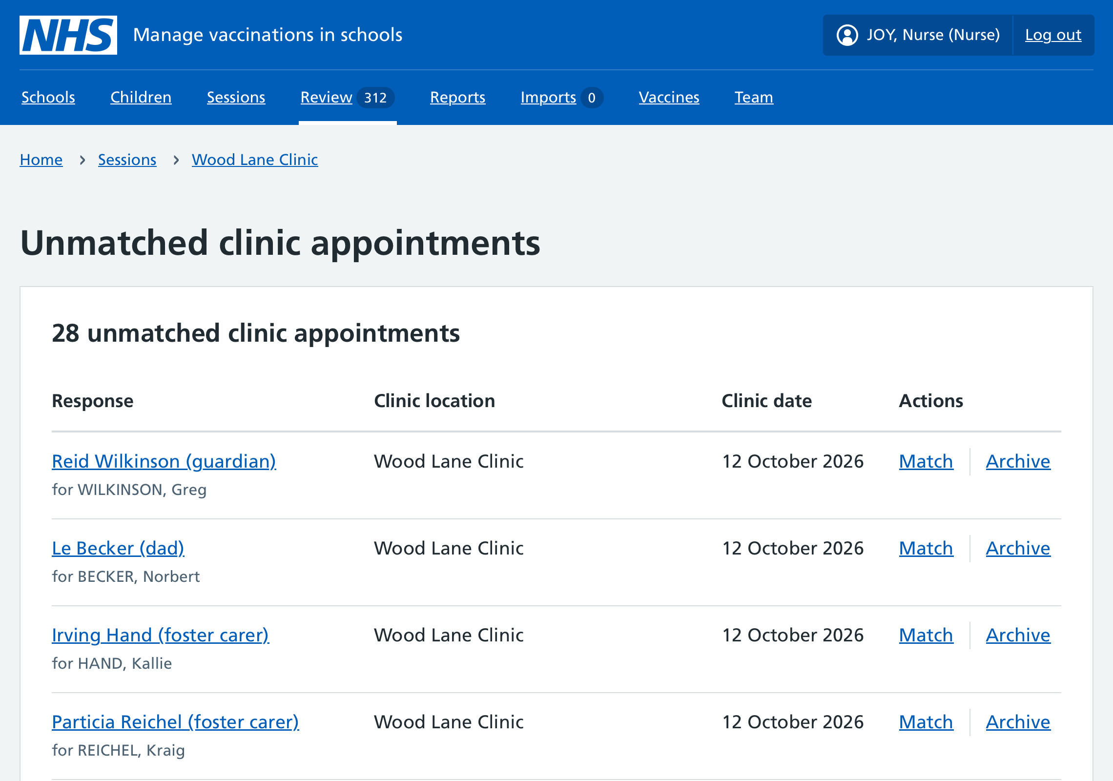 Screenshot of appointments list.