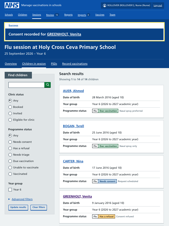 Screenshot of consent responses for a session.