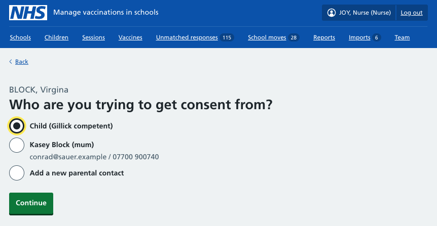 Screenshot of selecting a Gillick competent child.