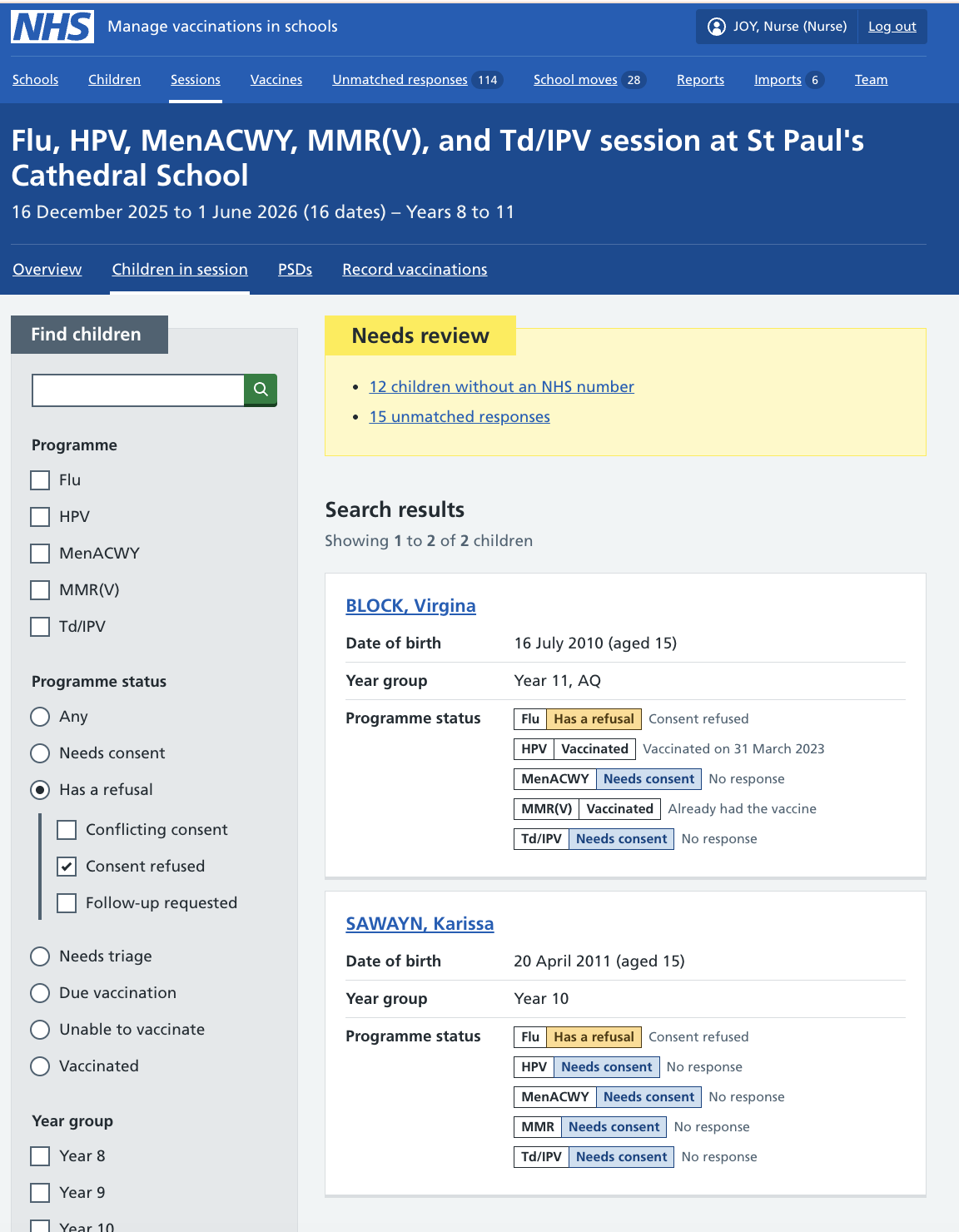Screenshot of consent responses for a session.