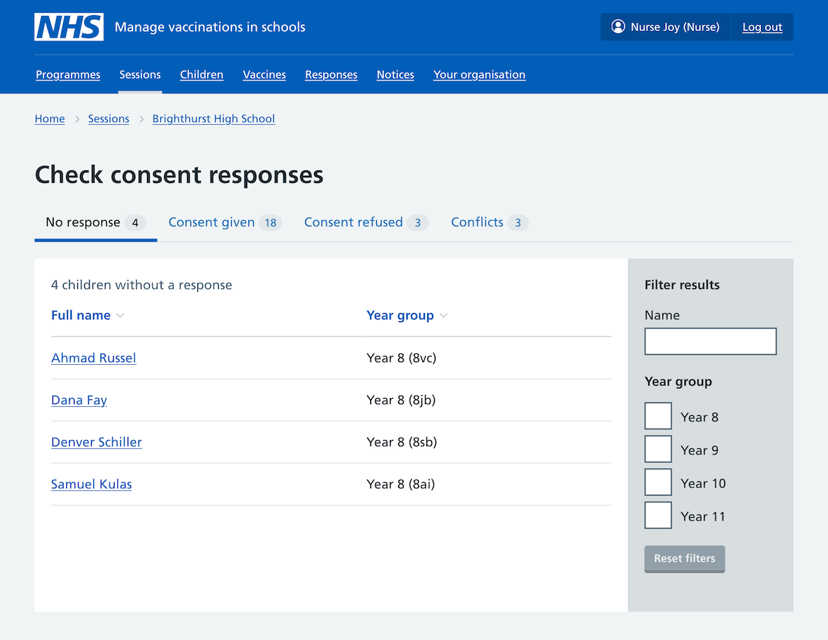 Screenshot of consent responses for a session.