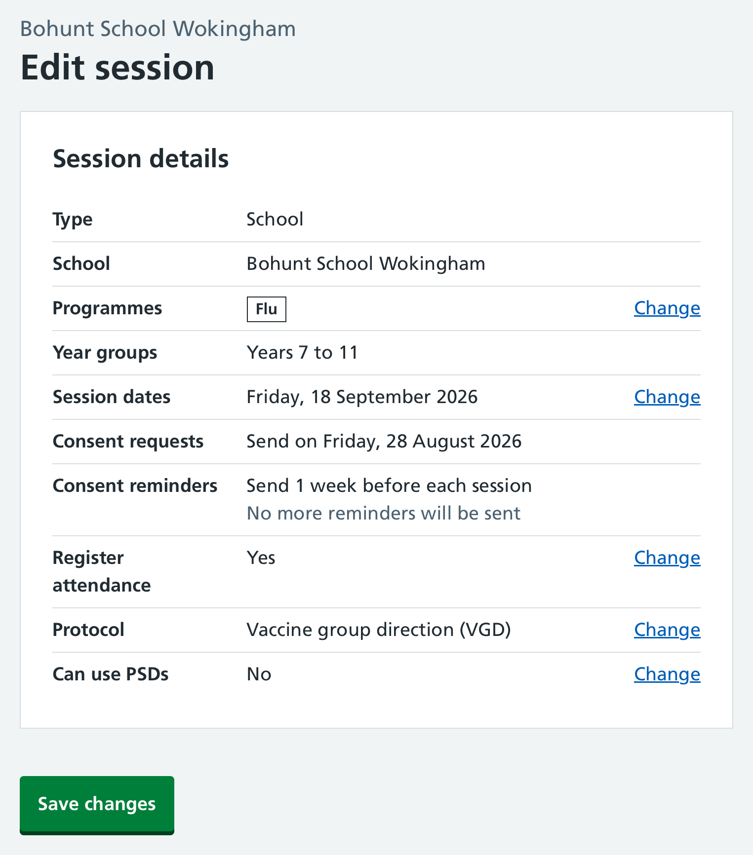 Screenshot of the session edit page.