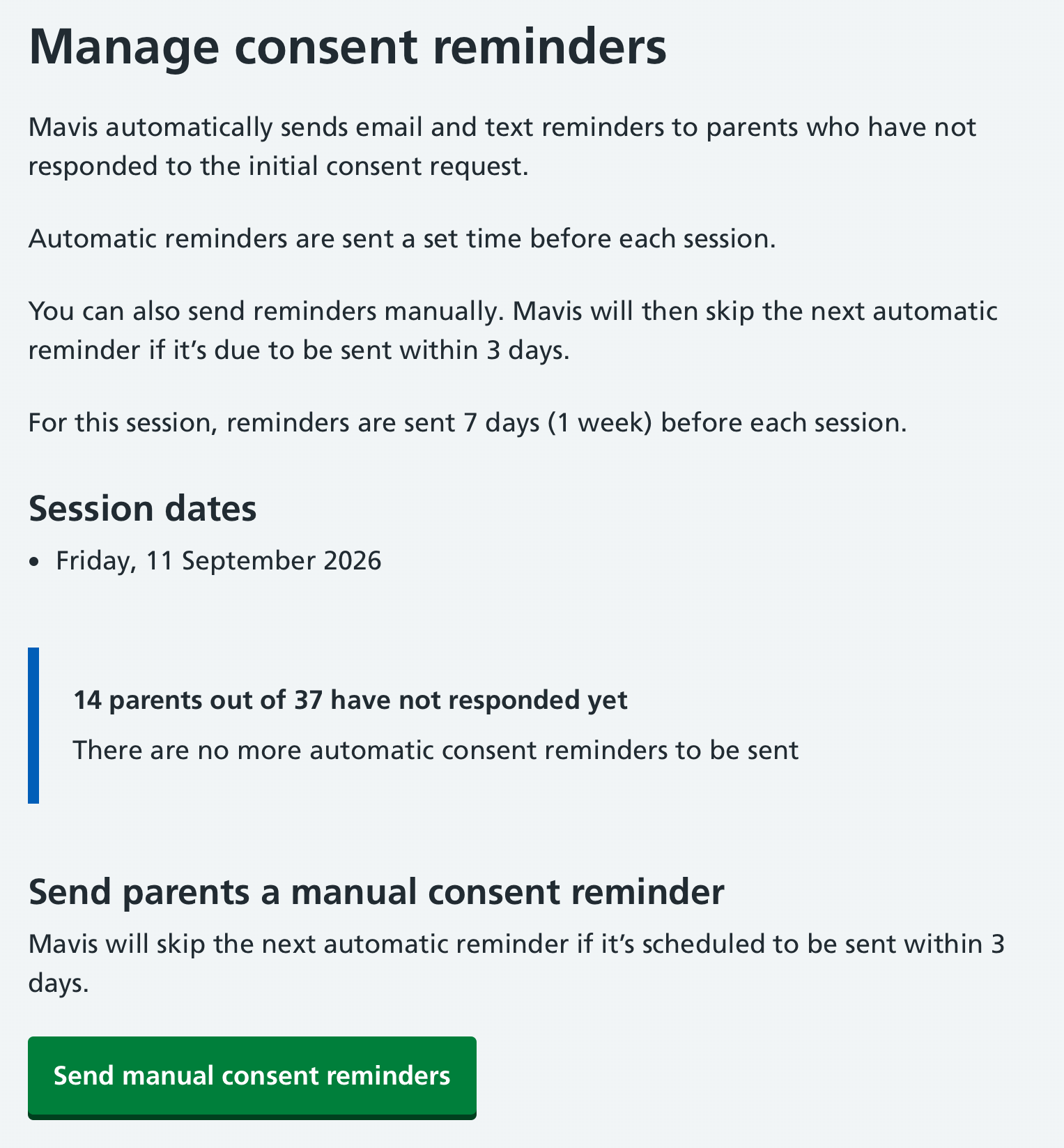 Screenshot of Manage consent reminders page.