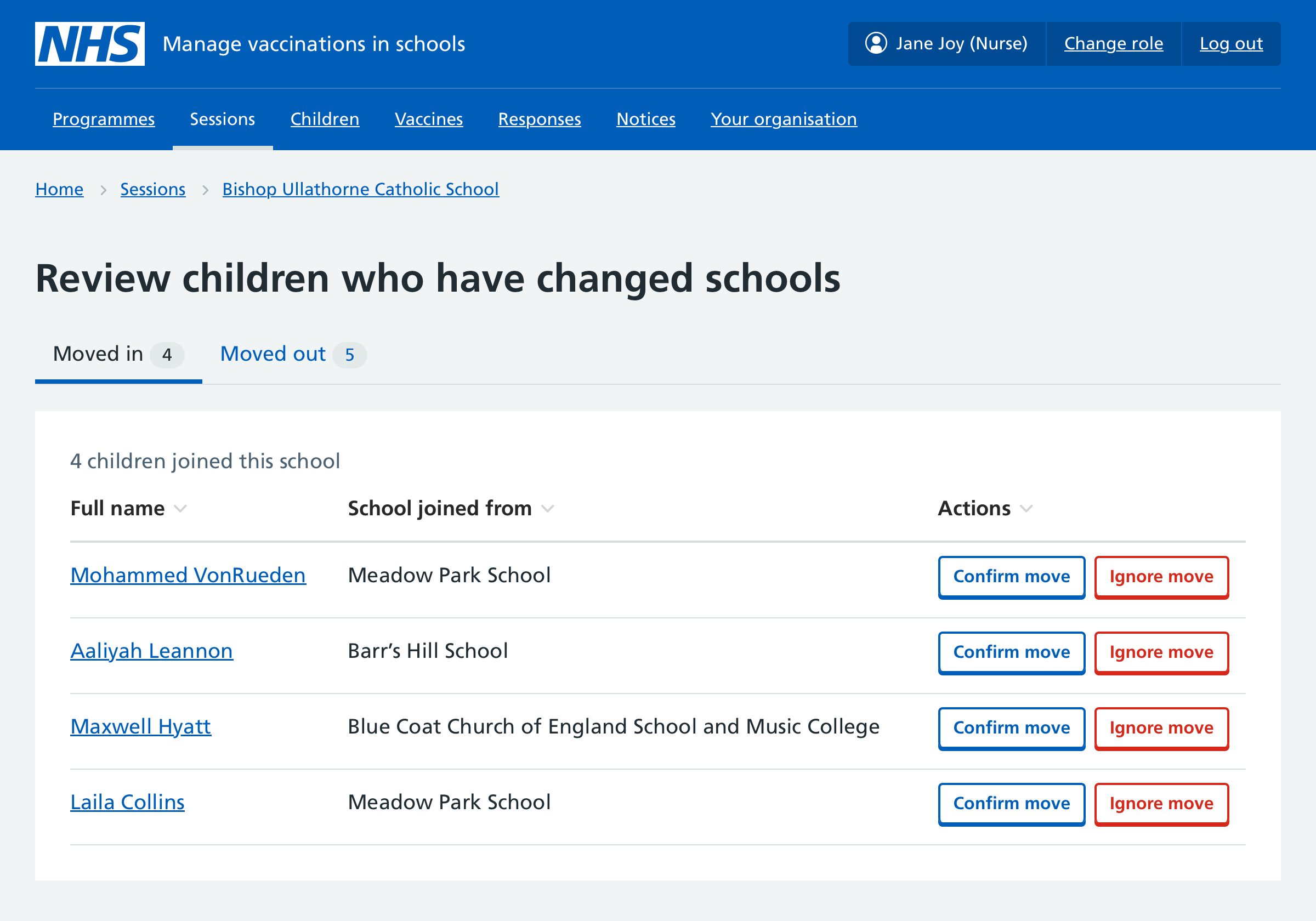 Screenshot of page showing children who have moved into a school.