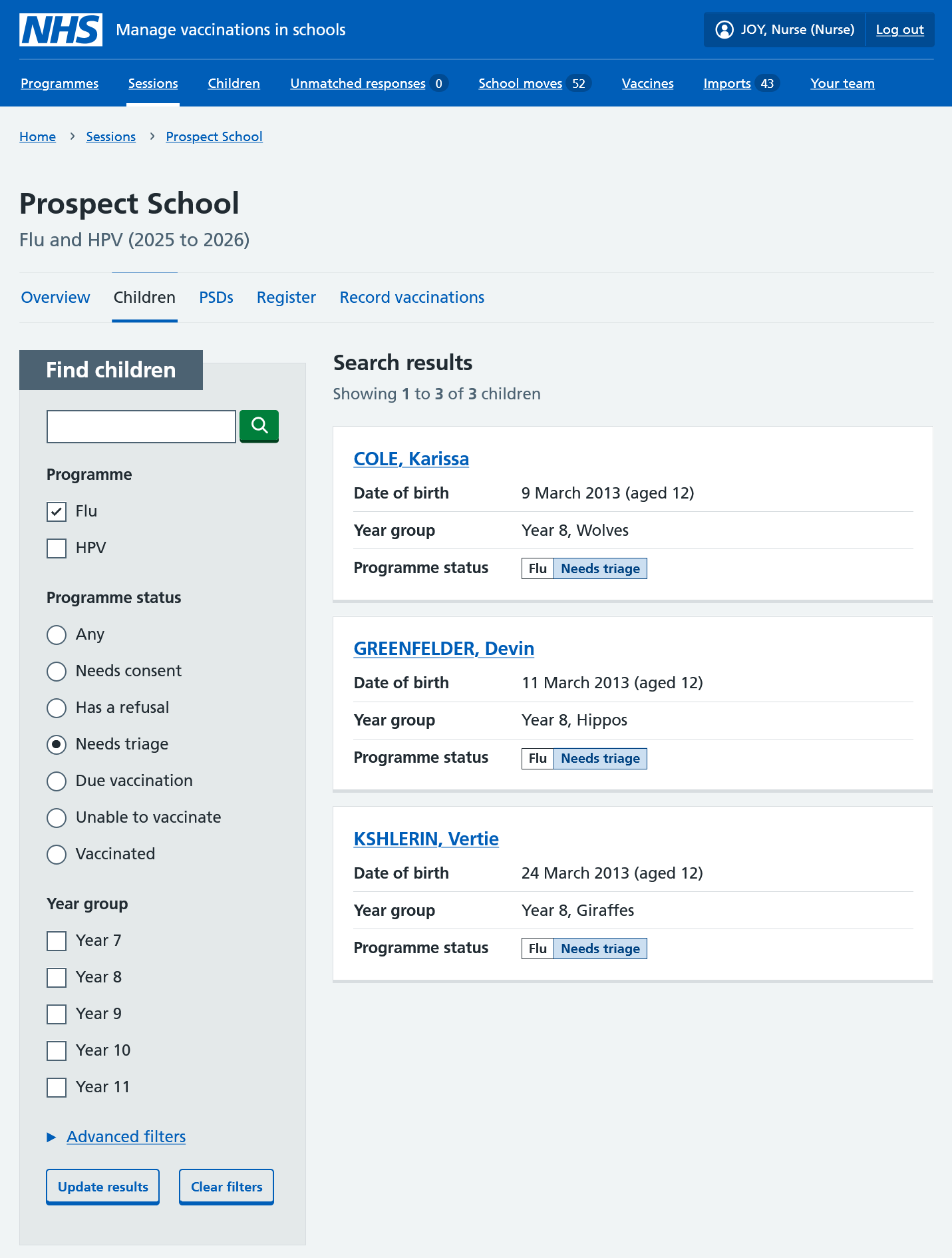 Screenshot of a list of children who need triage.
