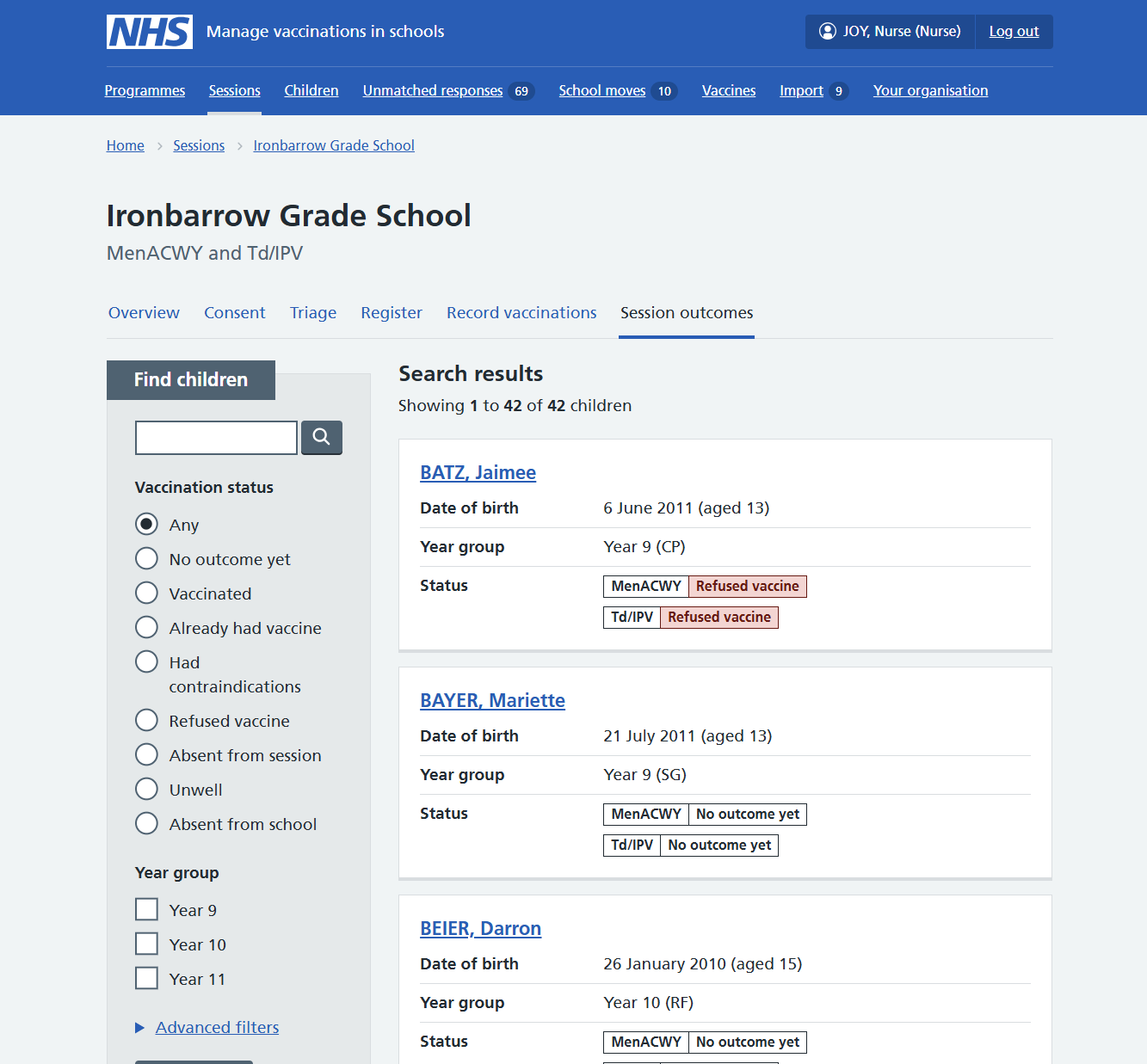 Screenshot of session outcomes page for a completed session.