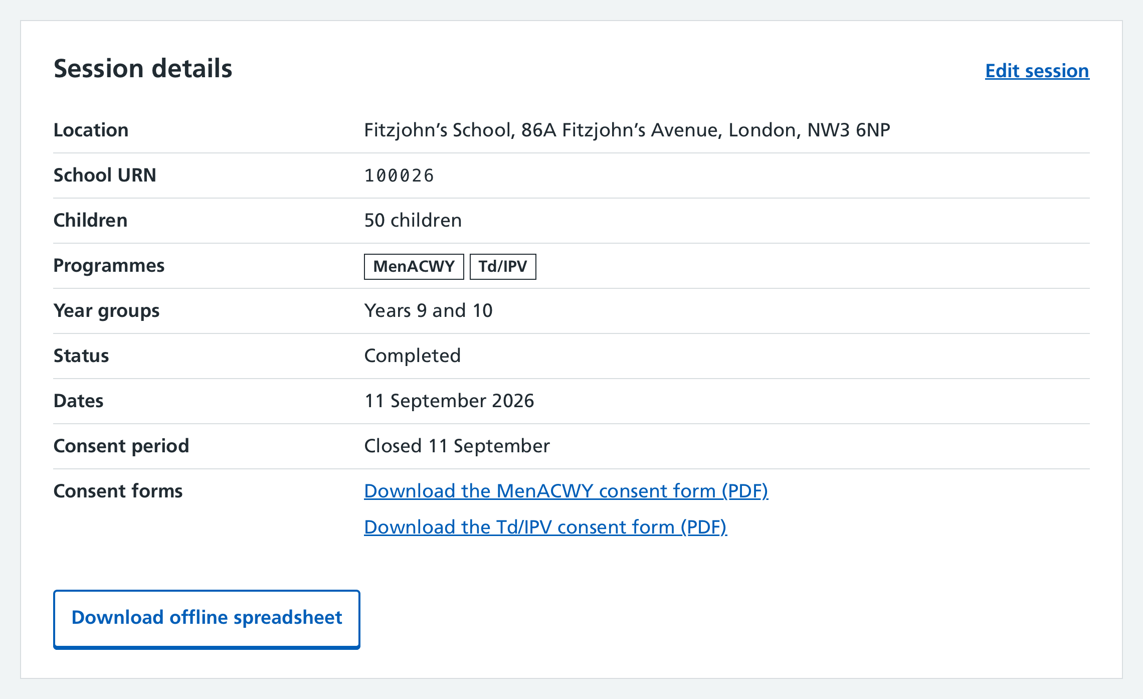 Screenshot of details card on a session overview page.