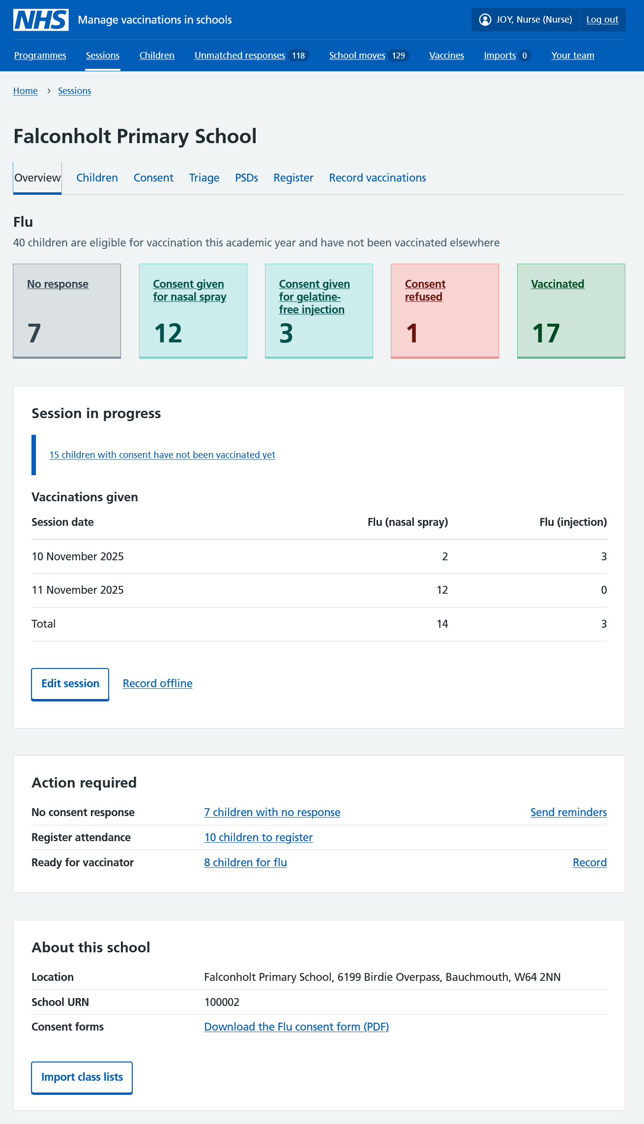 Screenshot of session overview page