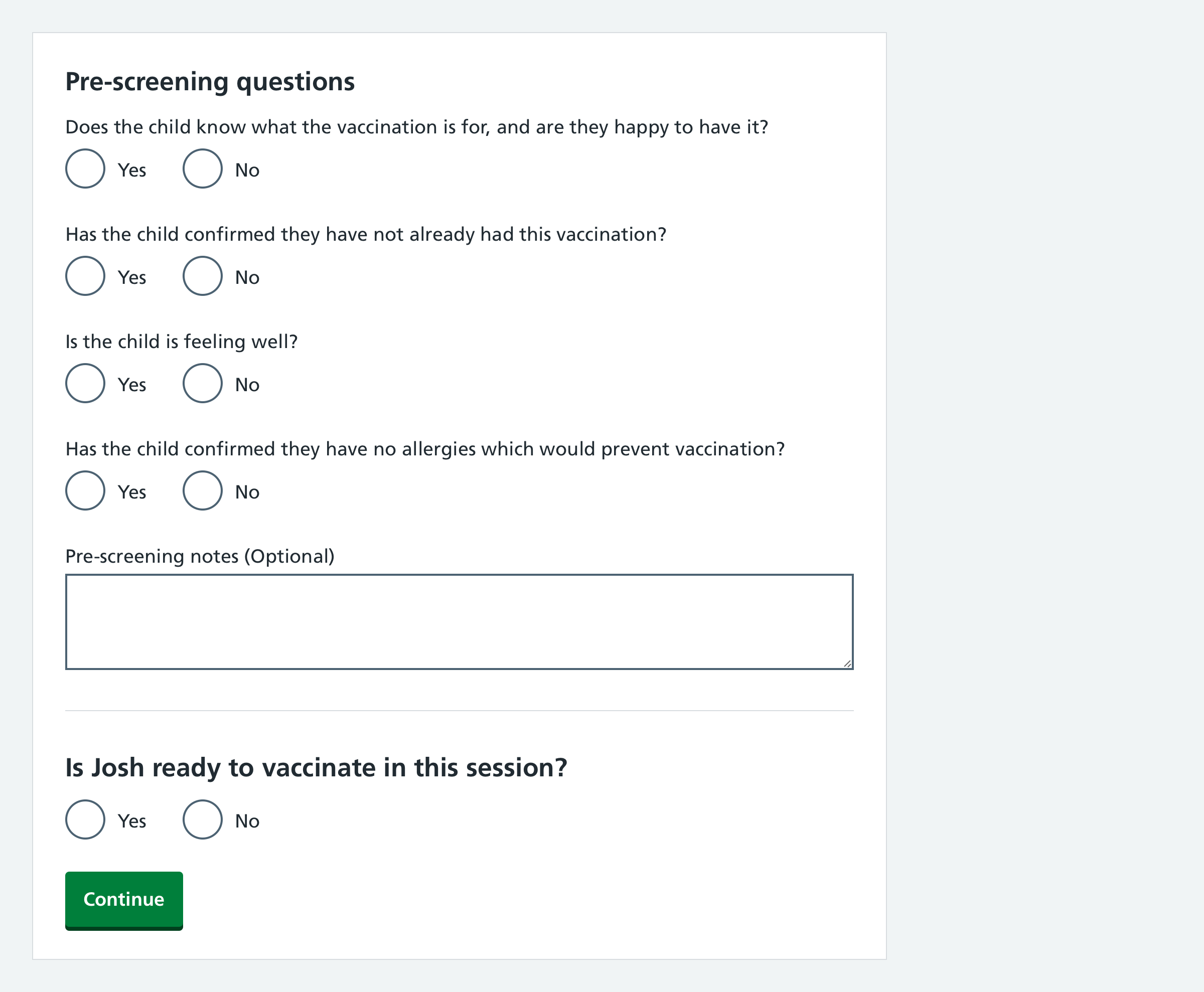 Screenshot of pre-screening questions on a patient record.