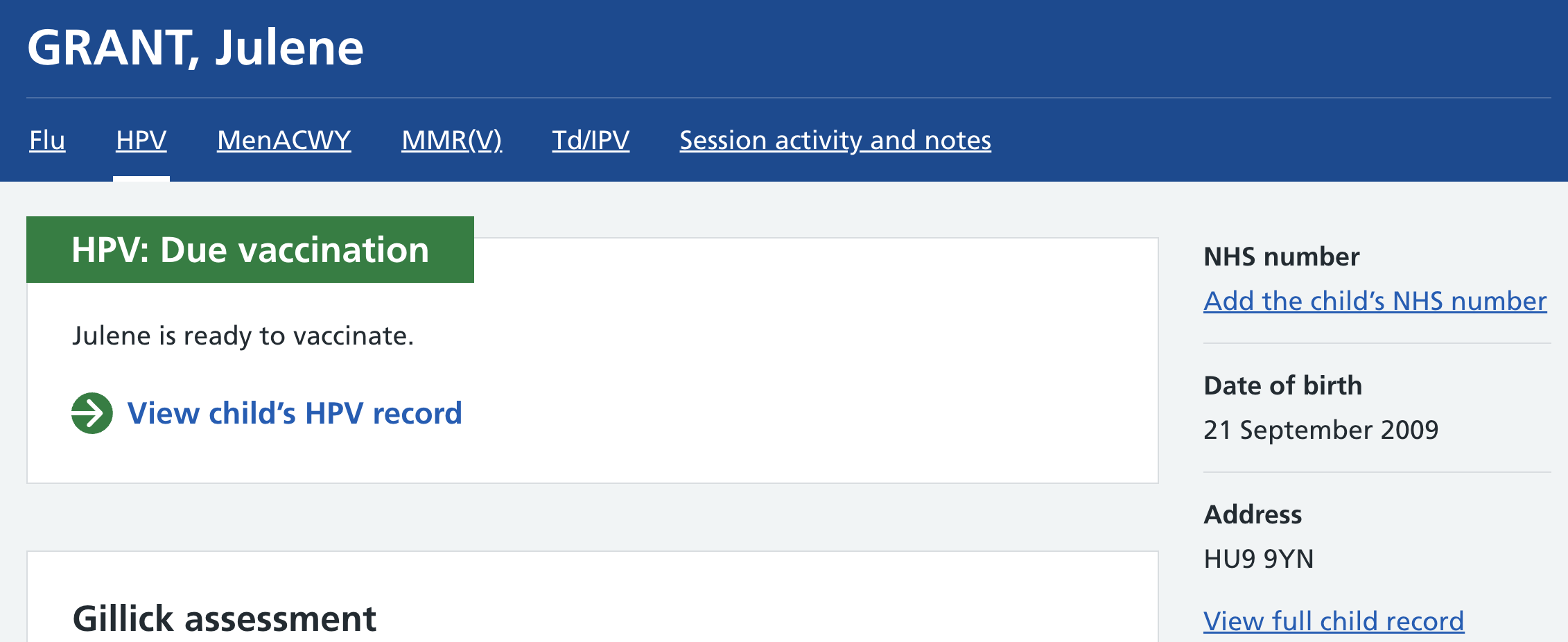 Screenshot of programme tabs on the patient session page.