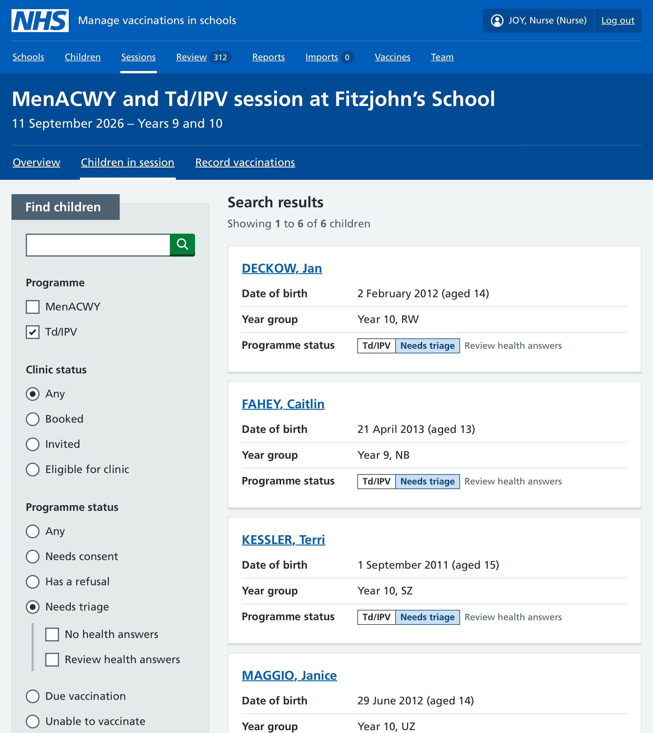 Screenshot of a list of children who need triage.