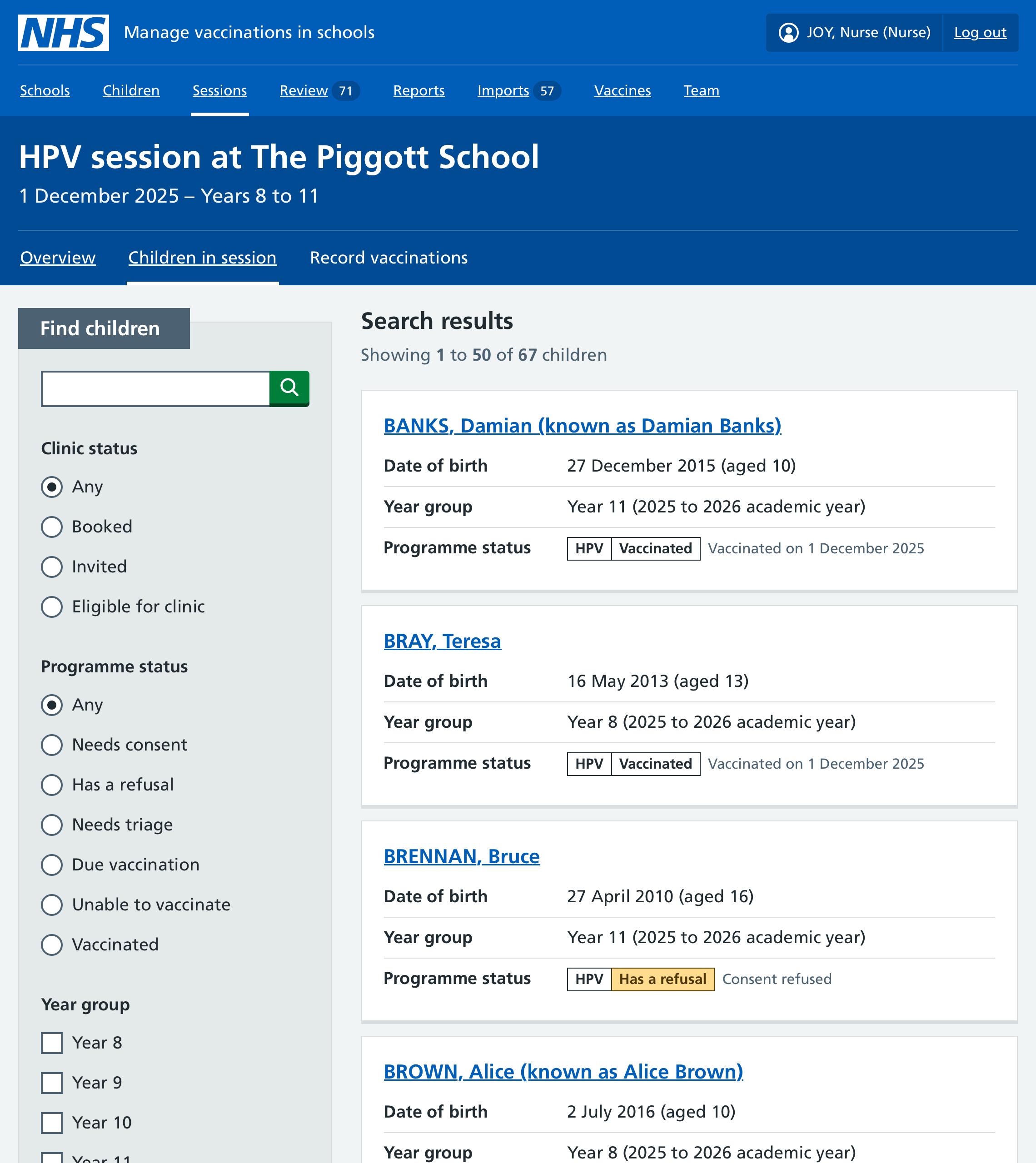 Screenshot of children page for a completed session.