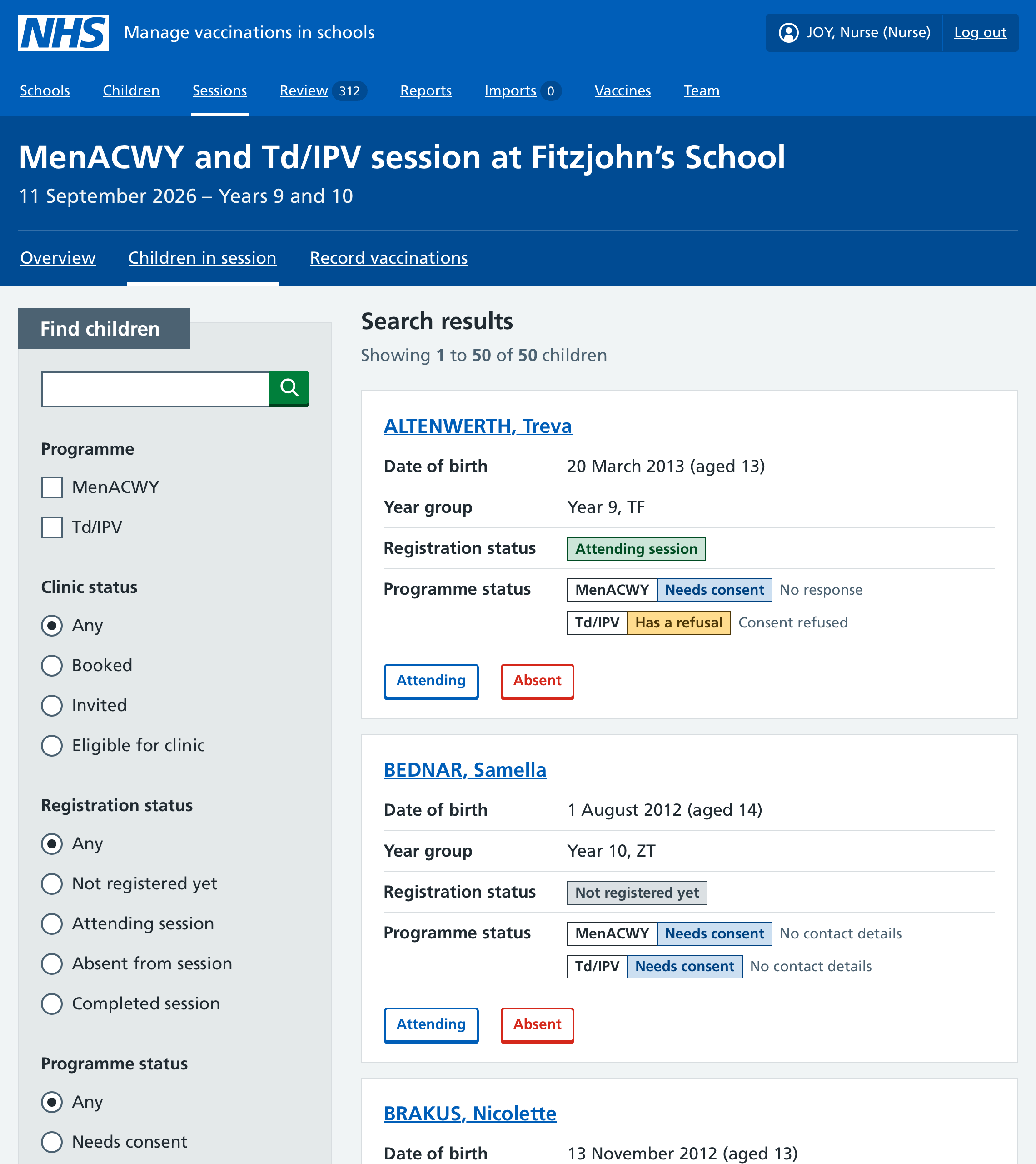 Screenshot of a register attendance page.