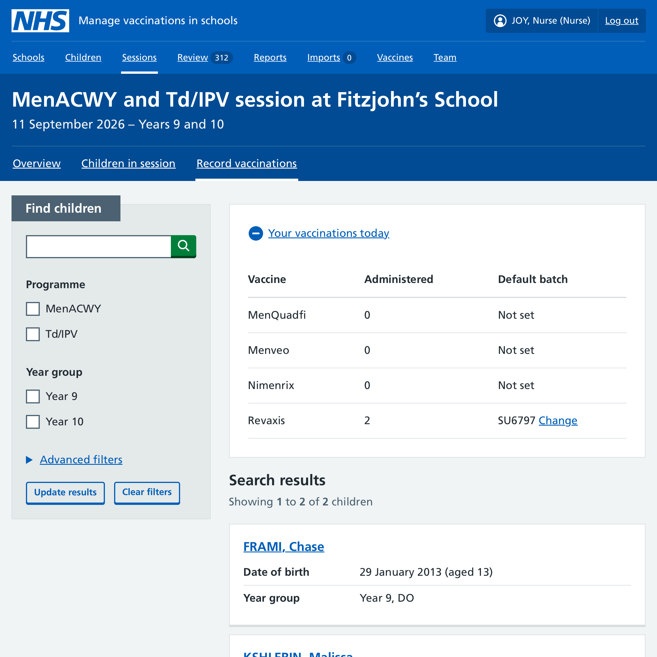 Screenshot of tally of vaccinations given by the user today.