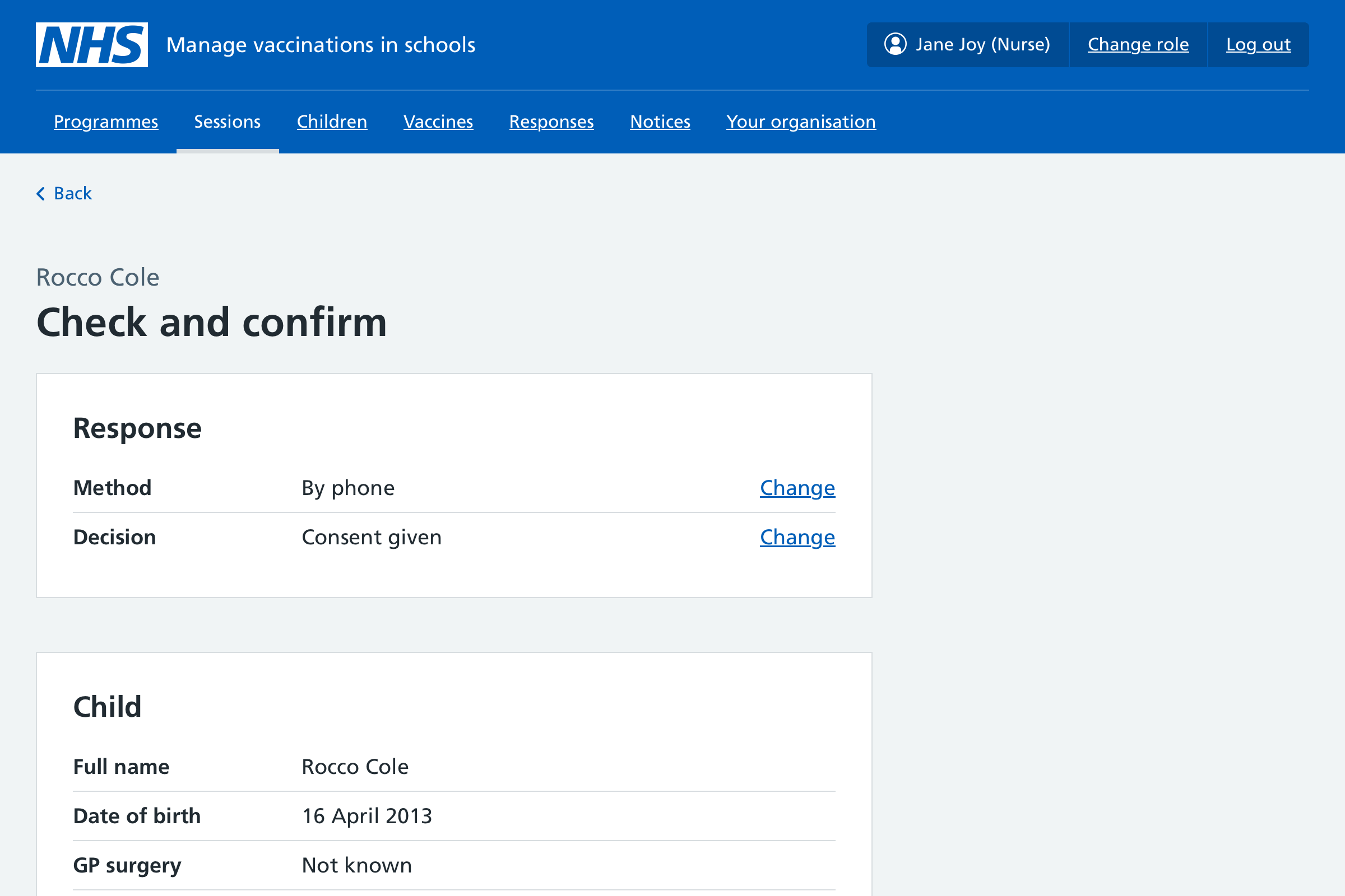 Screenshot of a check and confirm page for a new consent response.