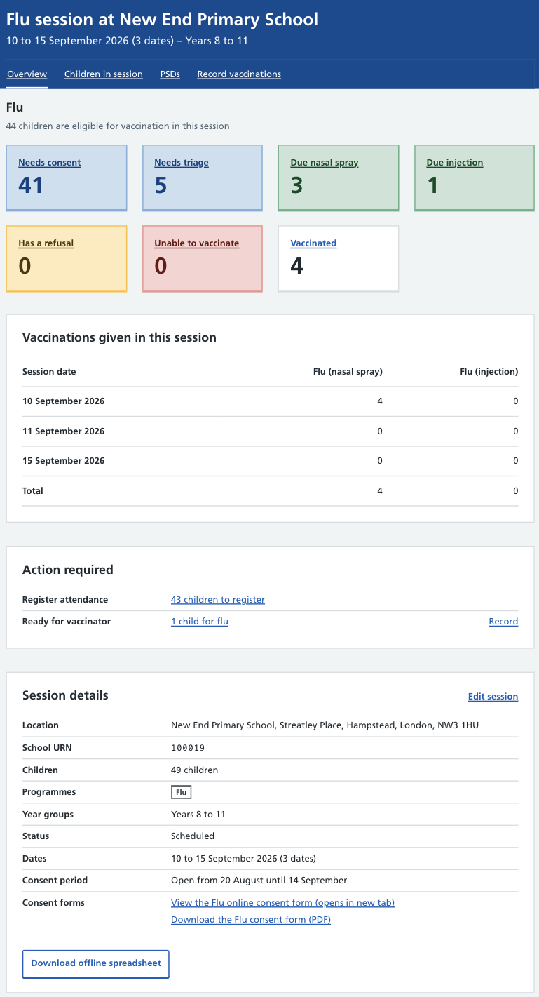 Screenshot of session overview page