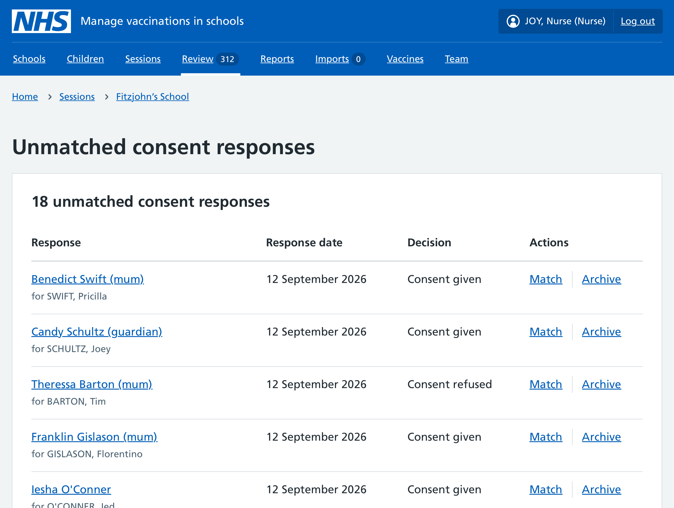Screenshot of a list of unmatched consent responses.