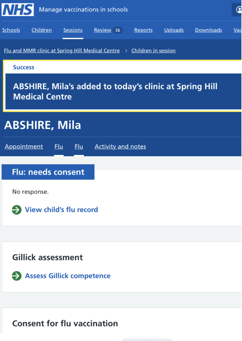 Screenshot of success banner added to clinic