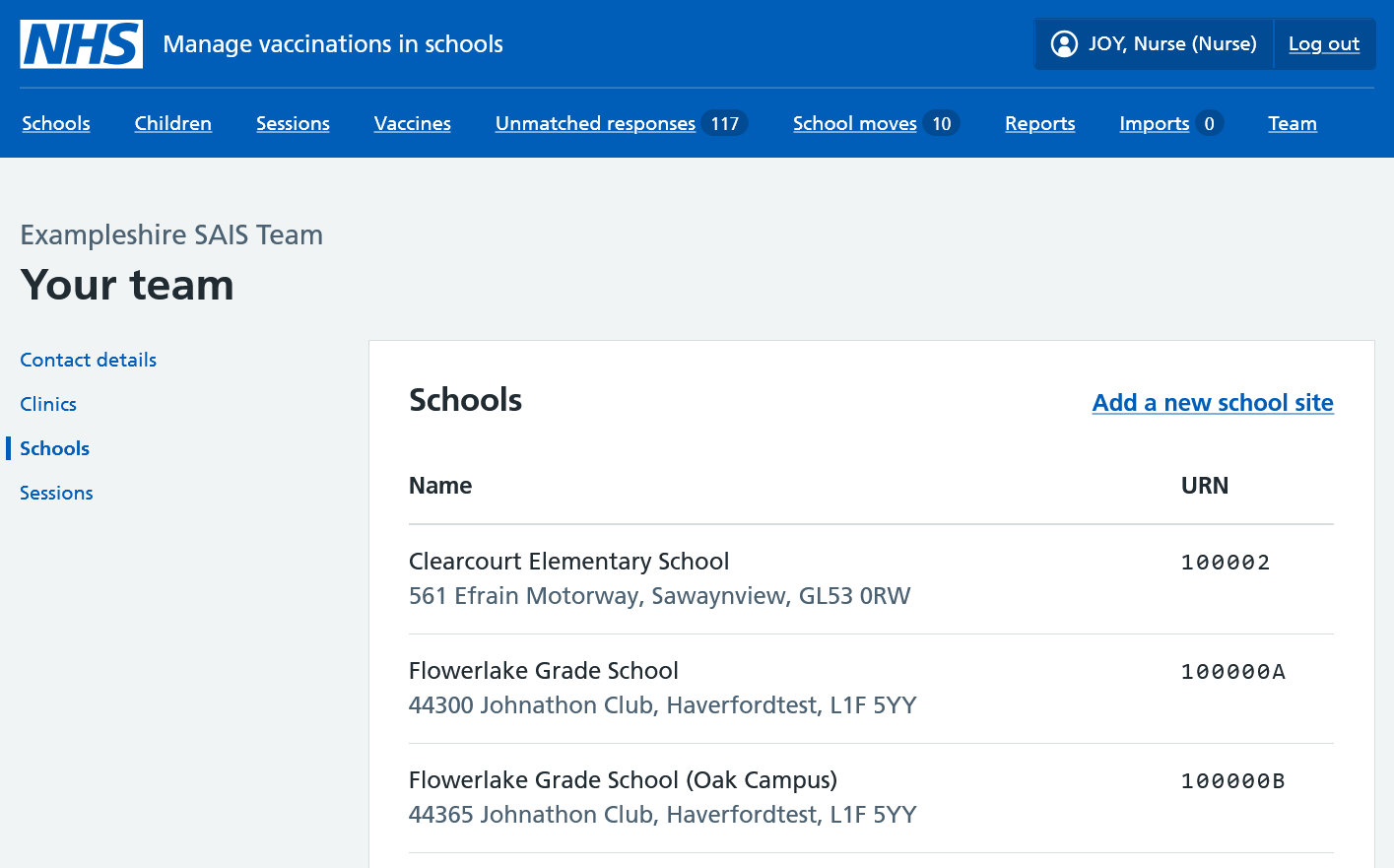 Screenshot of overview of team's schools, with one school split into two sites