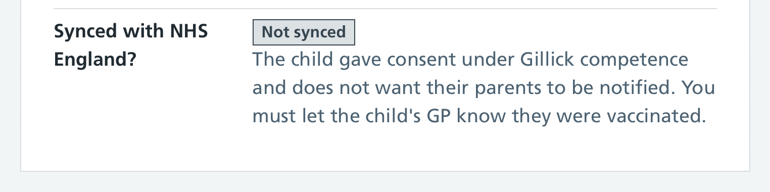 Screenshot of a vaccination record that is not synced.