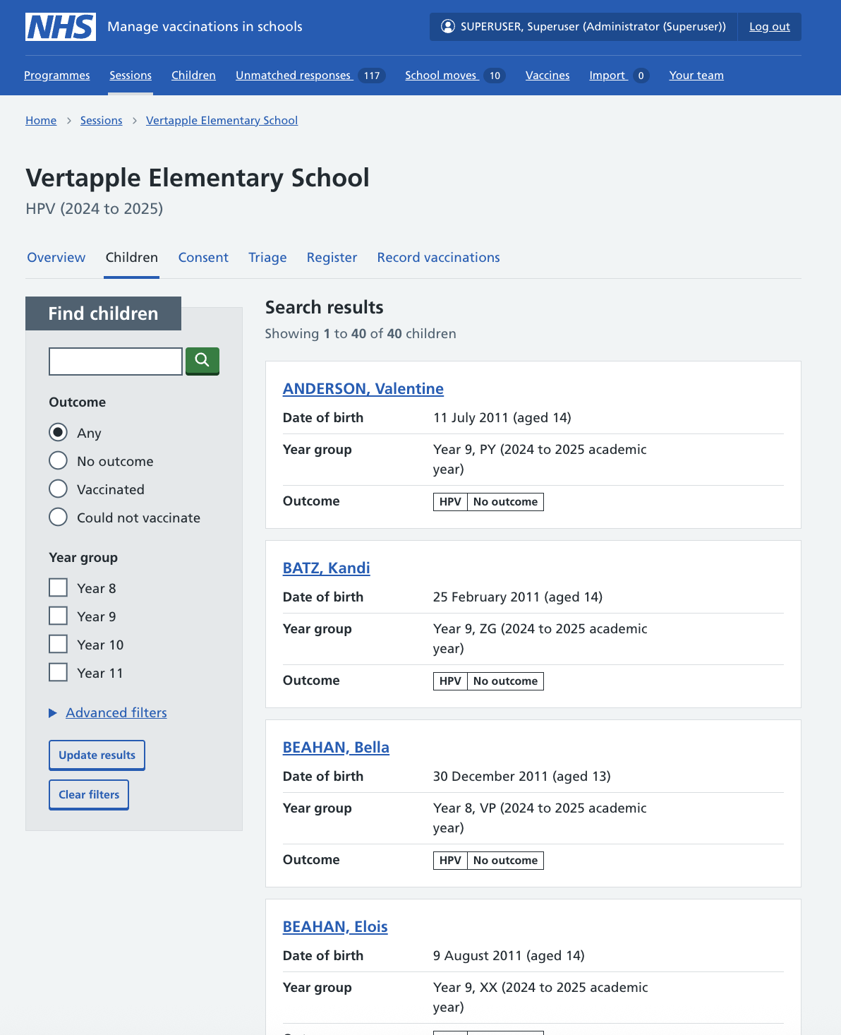 Screenshot of children page for a completed session.