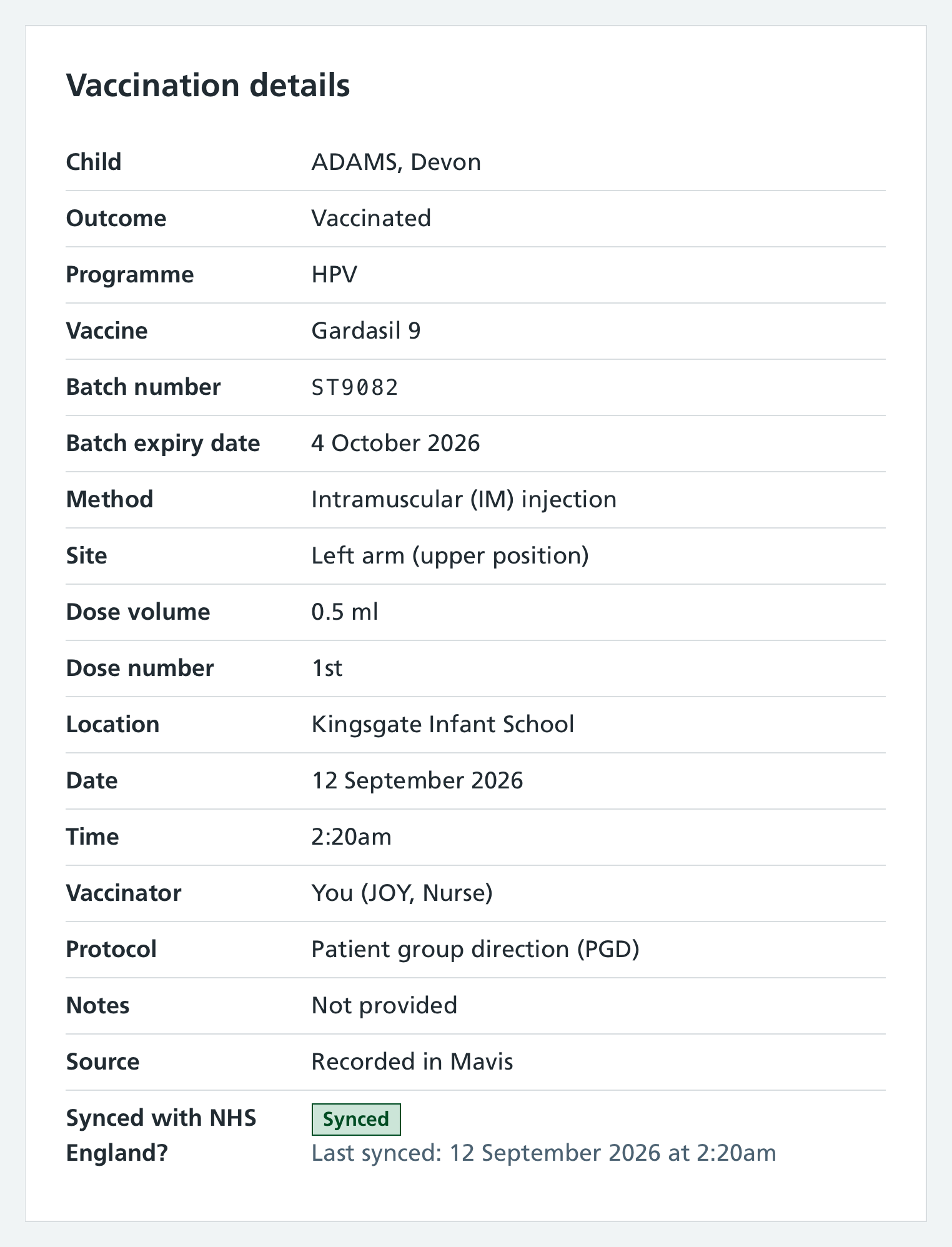 Screenshot of synced vaccination record.