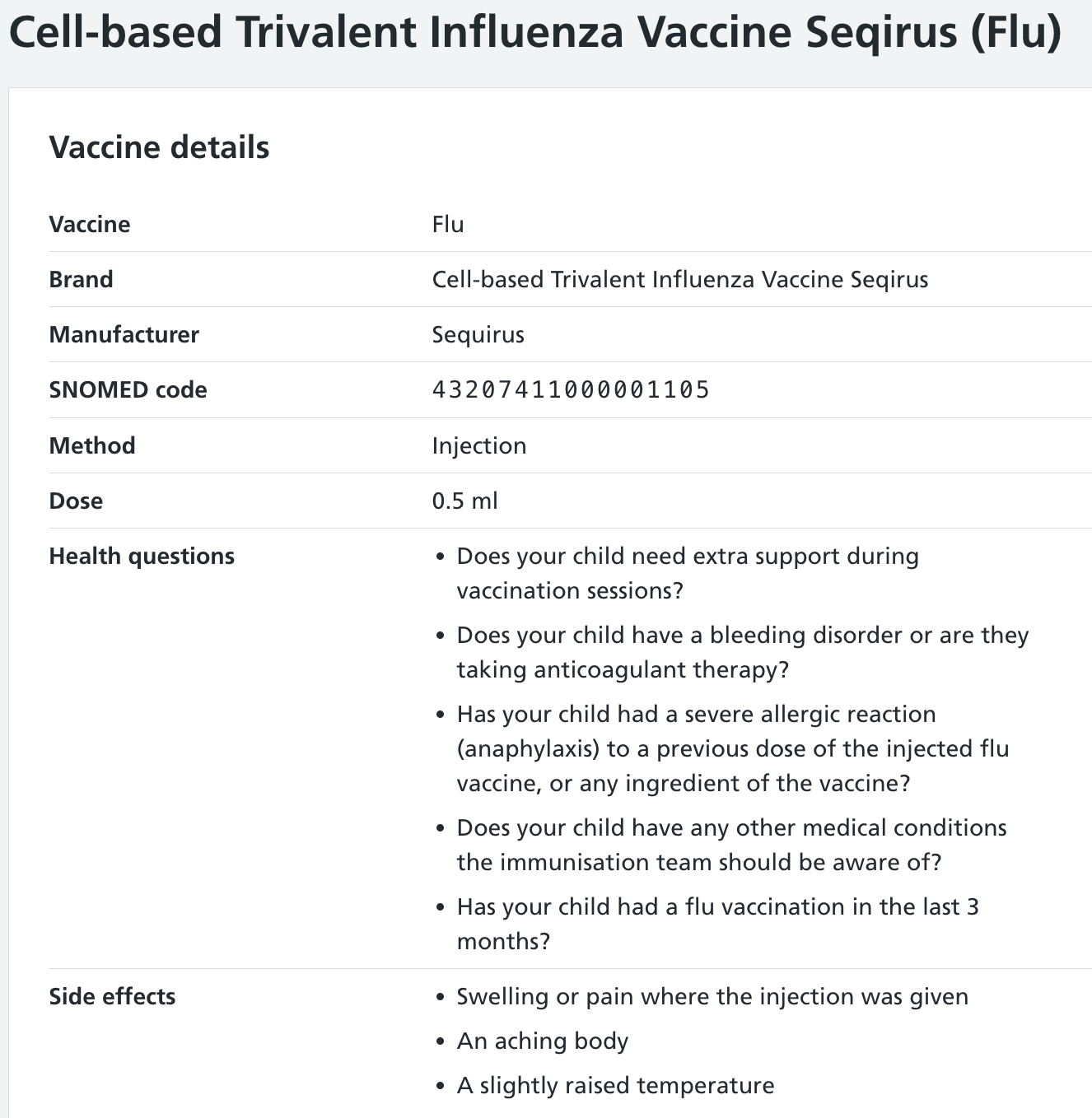 Screenshot of vaccine details card.
