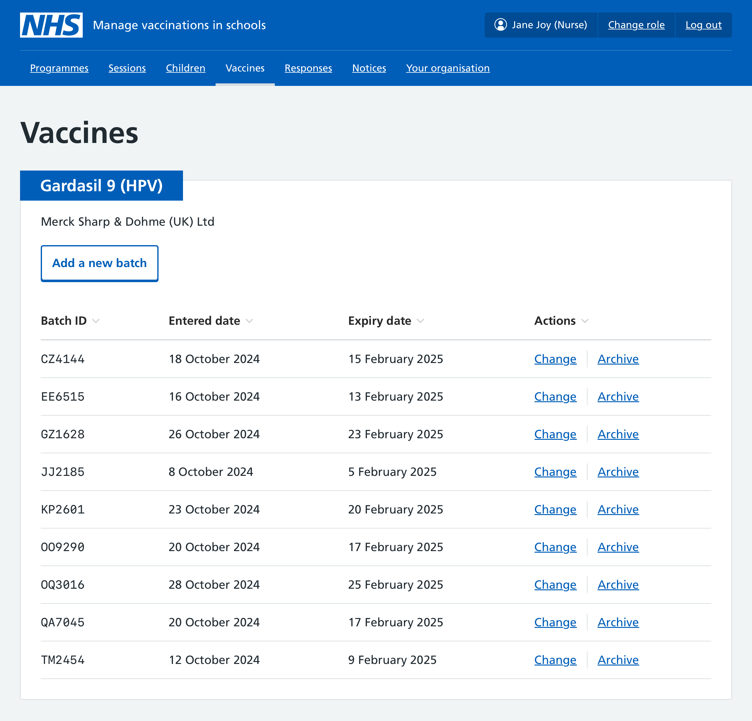 Screenshot of vaccines page.